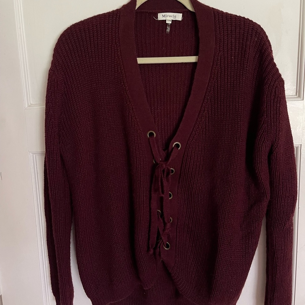 Miracle Maroon Lace-Up Cropped Sweater